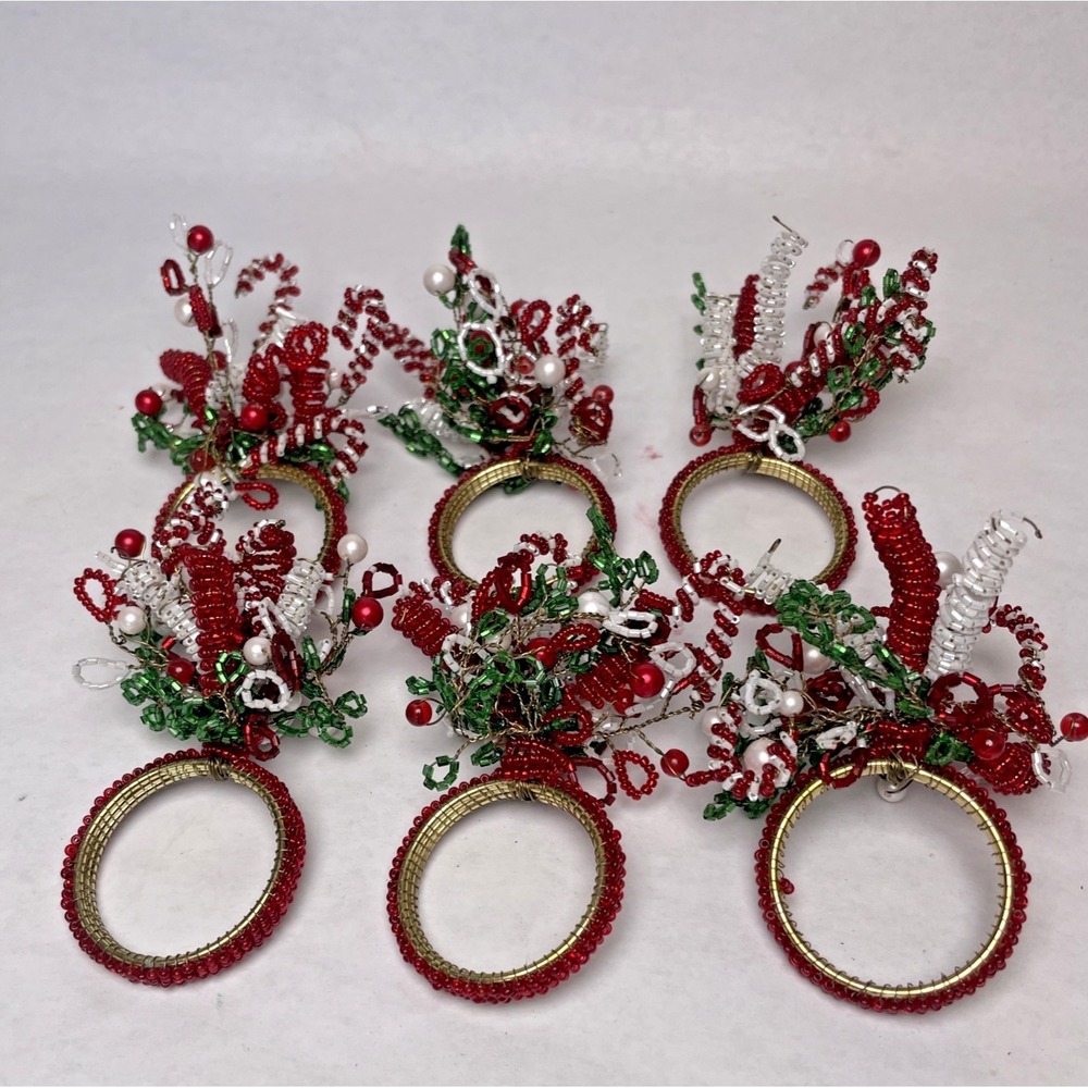 Beaded Holiday Christmas Napkin Ring‎ Holders Set Of 6